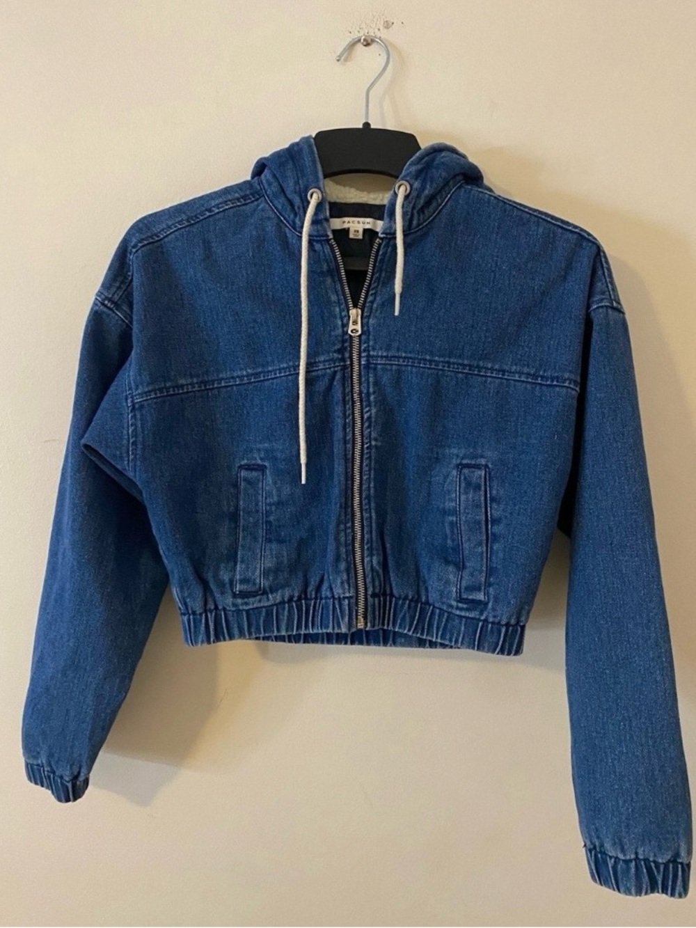 PacSun Dark Blue cropped Denim Hooded Zip-Up Jacket